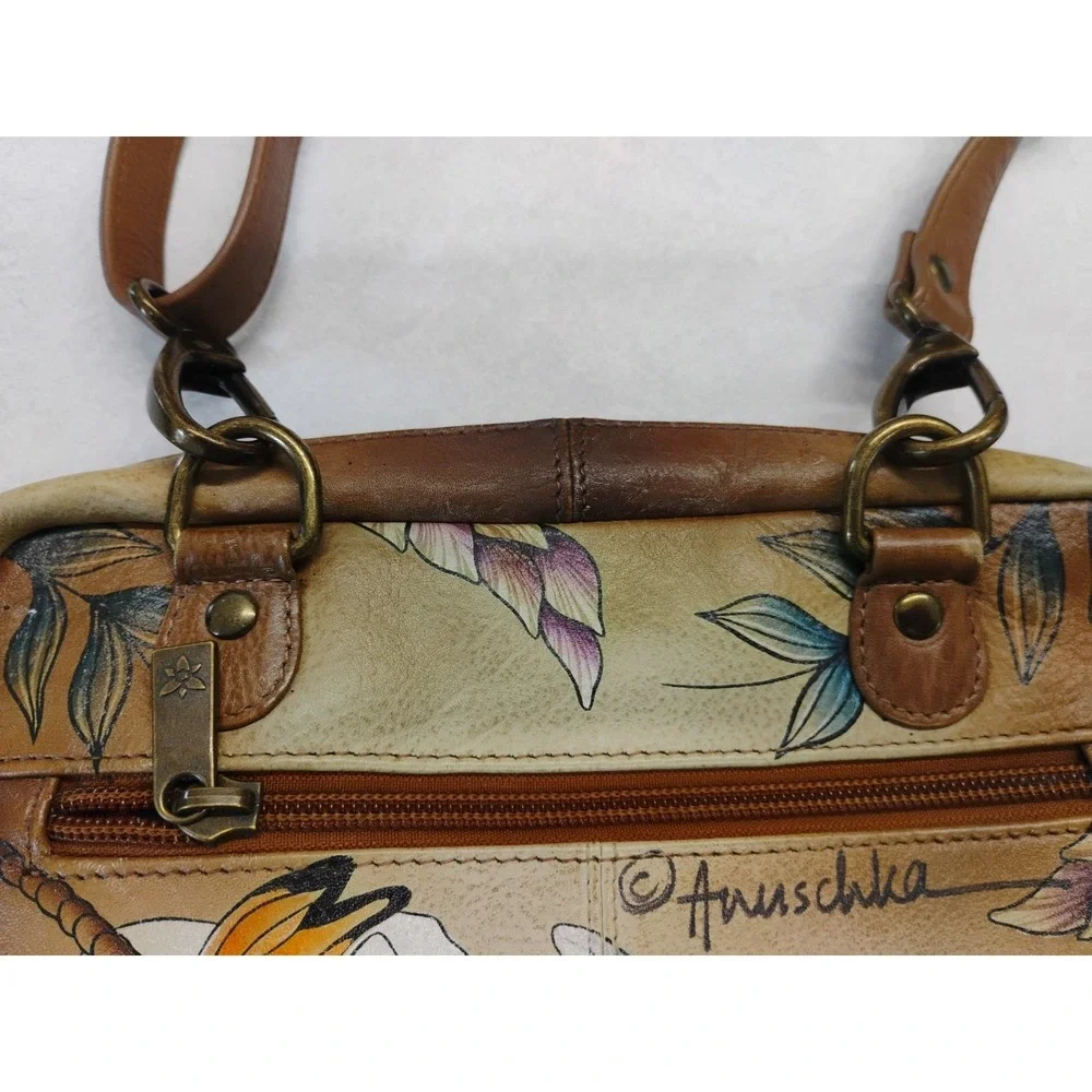 ANUSCHKA Leather Shoulder Bag Hand Painted Colorful Dragonfly & Floral Design‎